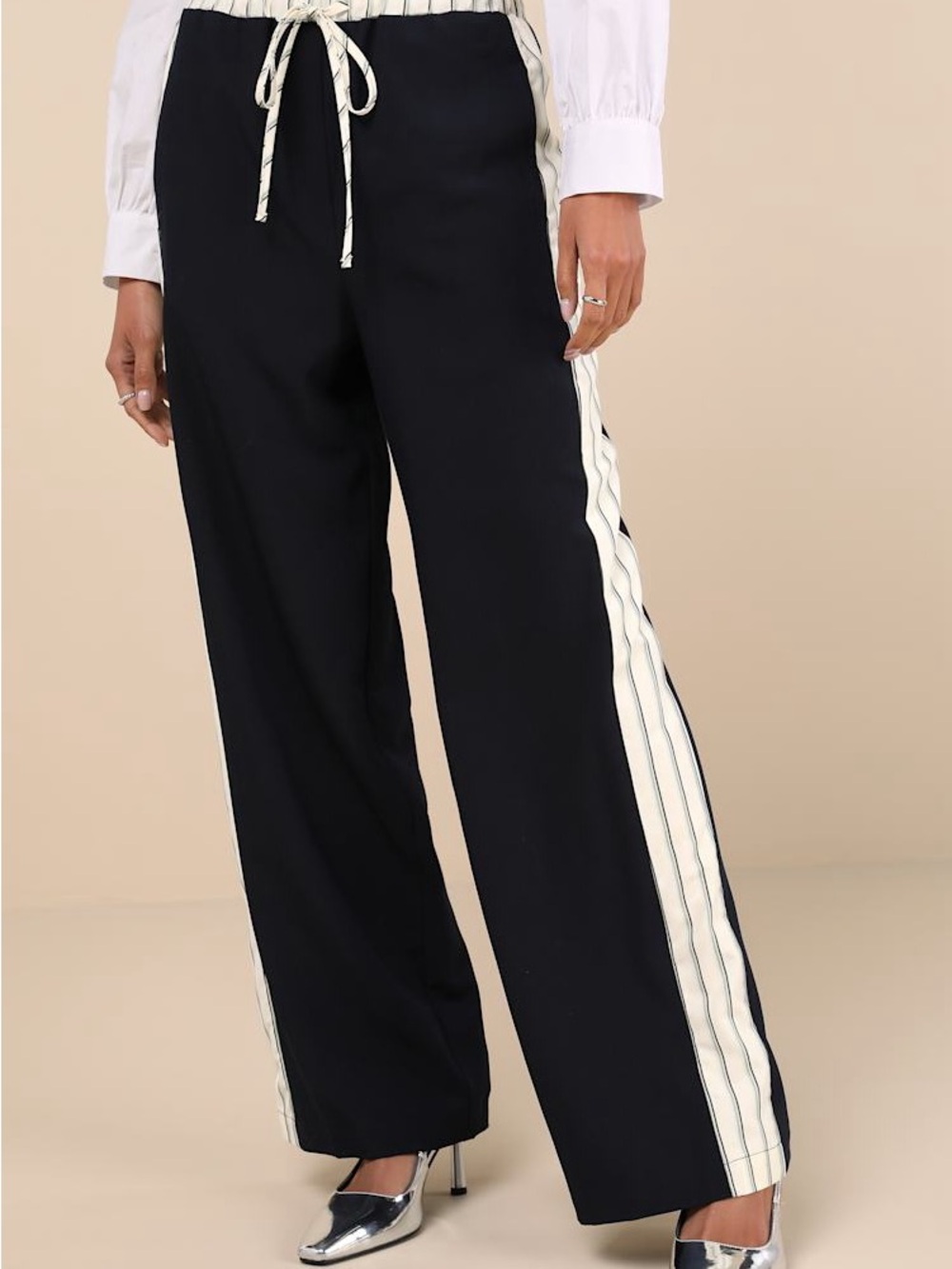 Zara Black Wide-Leg Track Pants with Cream Side Stripes